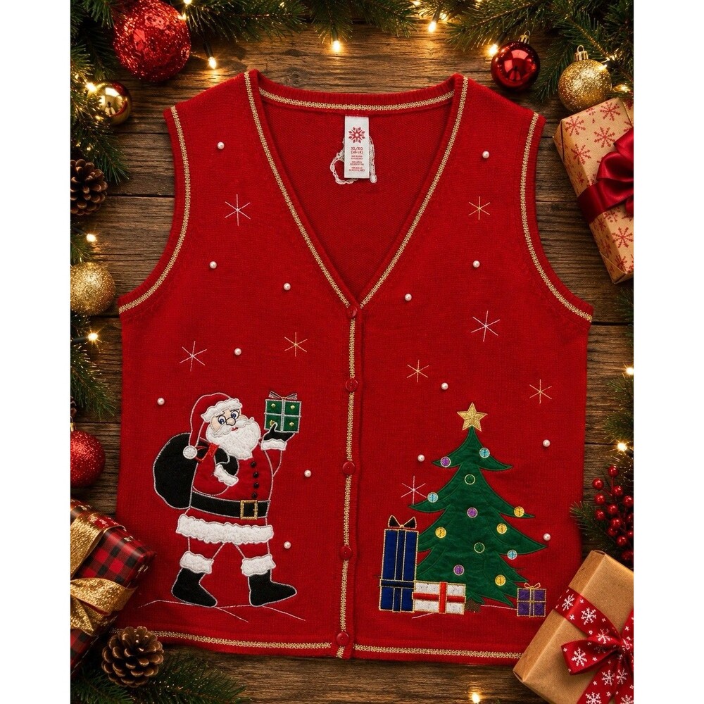 Holiday Time Women’s Santa Christmas Sweater Vest Red XL 16-18 Festive  Xmas